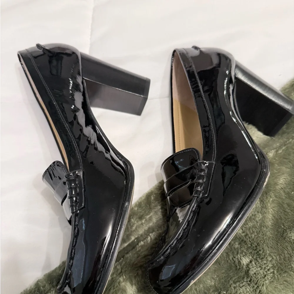 Michael Kors Black Patent Leather Block Heel Loafers - Picture 3 of 7